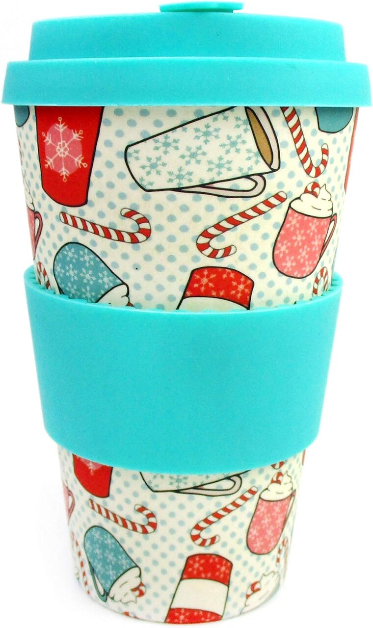 TINYMILLS Eco-Friendly Reusable Plant Fiber Travel Mug with Christmas Coffee Design